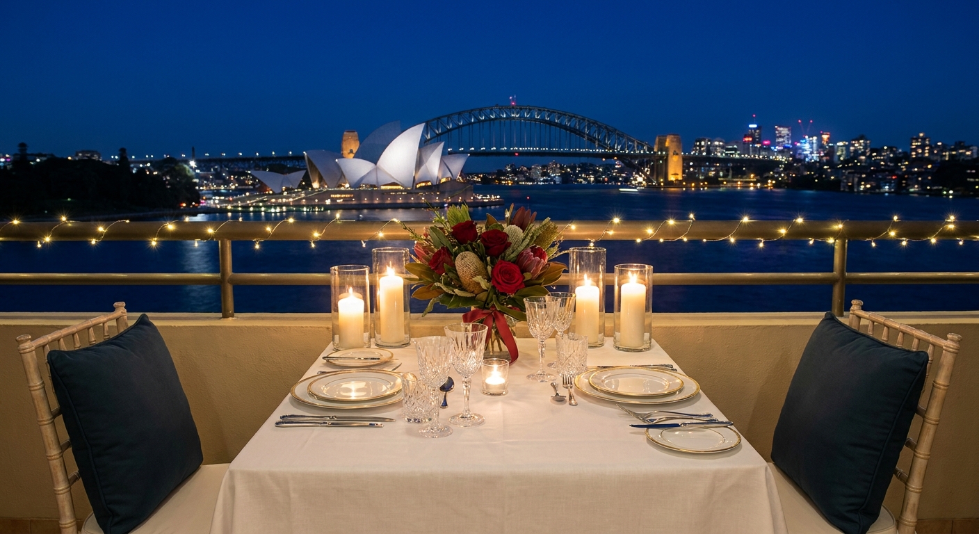 A photorealistic scene of a candlelit table on a balcony overlooking Sydney Harbour at night, with elegant dinner settings and soft ambient lighting. Alt: dinner date escort romantic harbour view setting