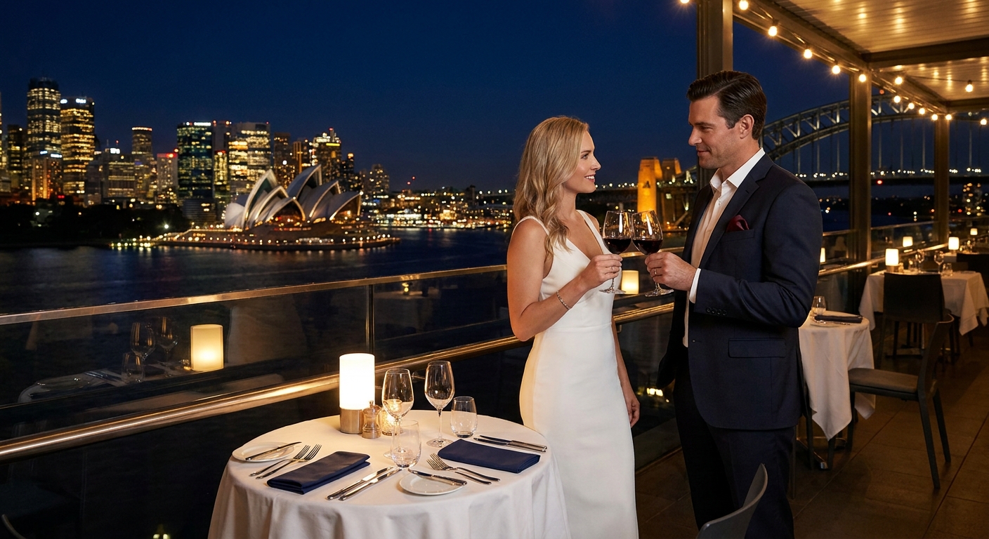 A photorealistic night scene of a stylish couple dressed for an upscale dinner on a Sydney rooftop, with city lights and the Opera House in the background. Alt: dinner date escort final touches elegant rooftop setting