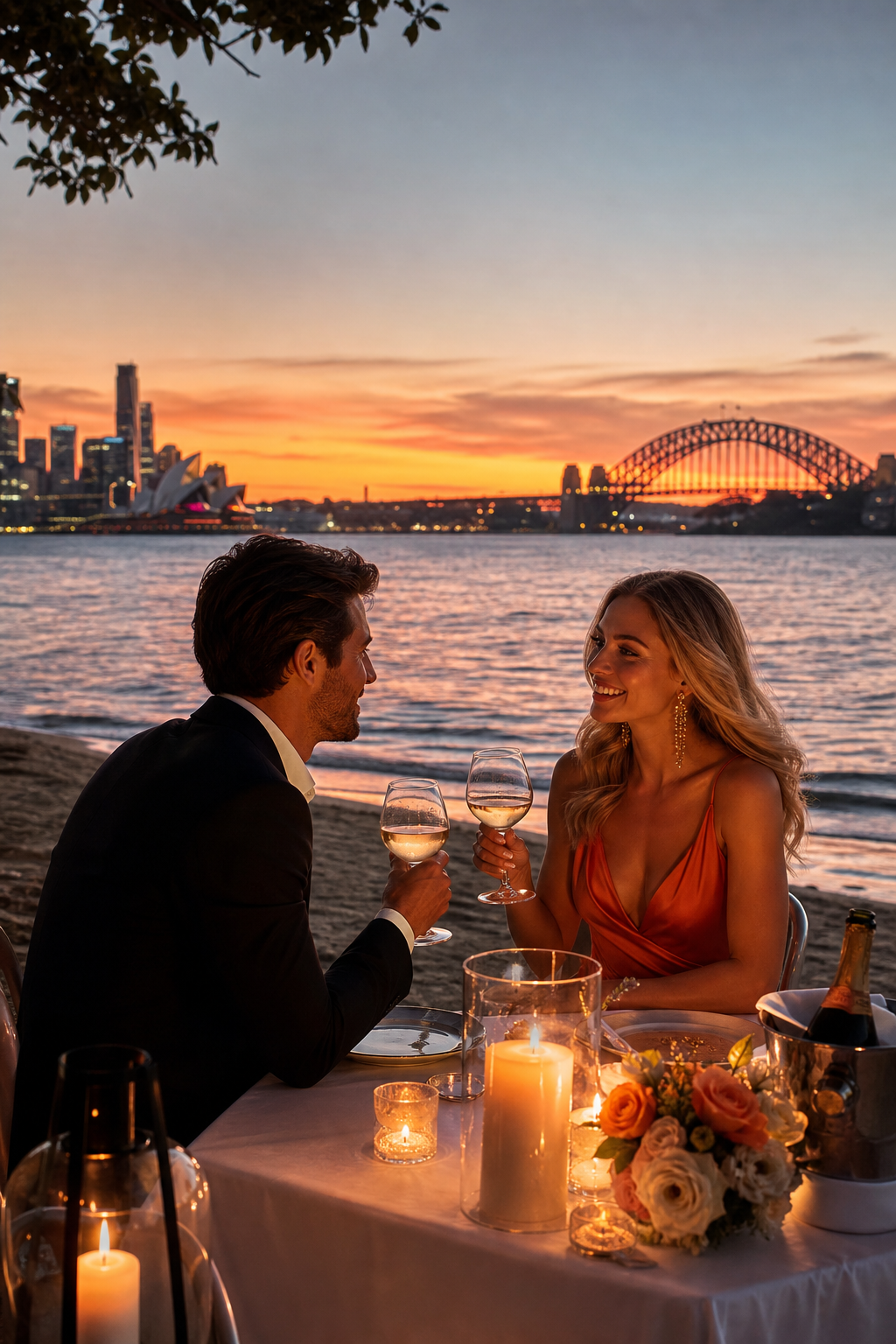 A photorealistic scene of a stylish couple enjoying a candlelit dinner on a Sydney beach at sunset, with the harbour skyline in the background. Alt: dinner date escort Sydney beach sunset