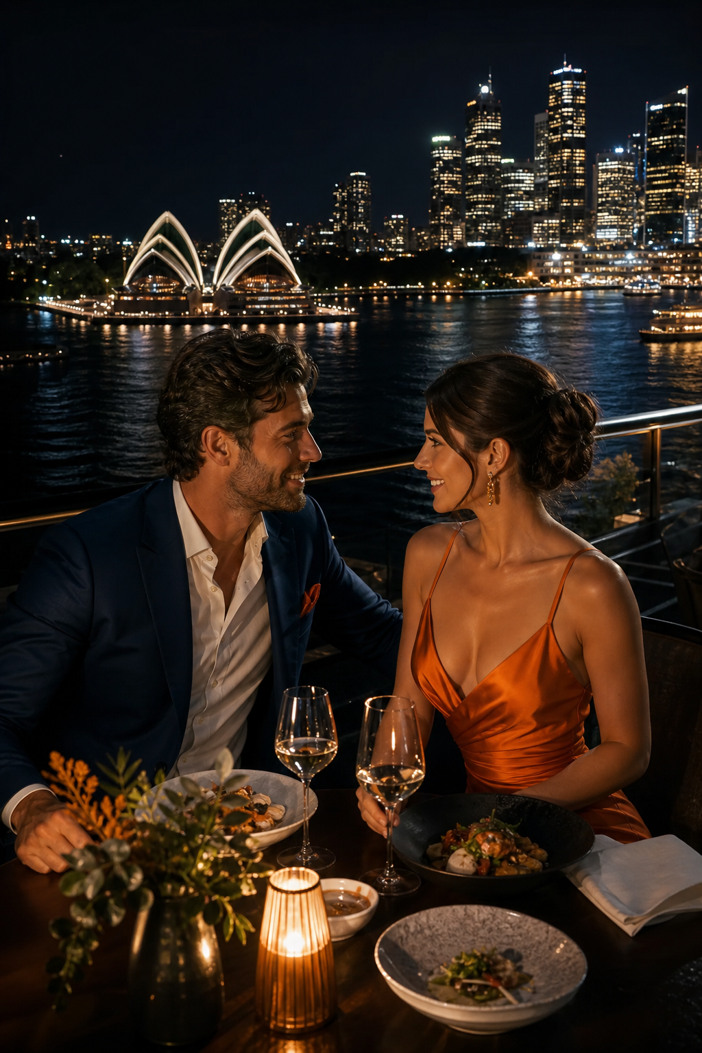 A realistic night‑time view of a stylish couple enjoying dinner at a rooftop restaurant overlooking the Sydney Opera House, with soft lighting and city skyline. Alt: dinner date escort Sydney harbour view