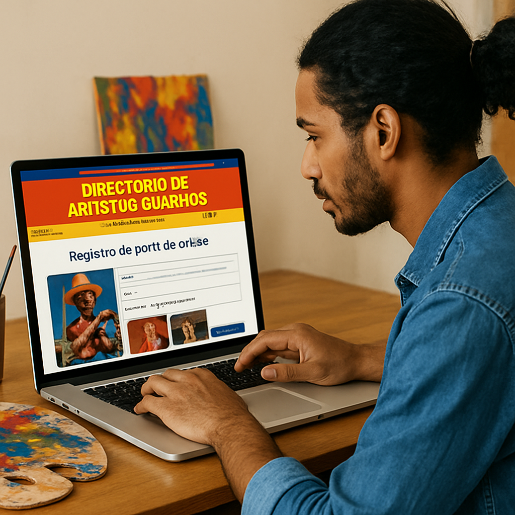 An artist sitting at a laptop, uploading photos and videos to a vibrant Cuban artist directory platform. Alt: Registro de perfil de artista en el directorio de artistas cubanos en España