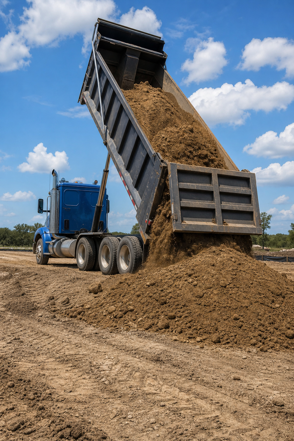 A photorealistic image of a dump truck unloading fill dirt at a construction site in Texas, with clear Texas sky and earth tones. Alt: Dump truck delivering fill dirt for construction project in San Antonio.