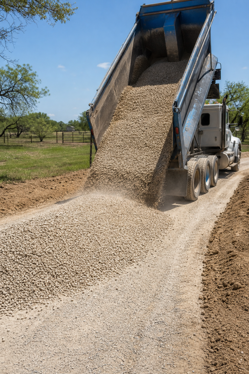 A photorealistic image of a gravel driveway being topped with fresh gravel from a dump truck, with a rural Texas setting. Alt: Gravel delivery for driveway construction in Texas.