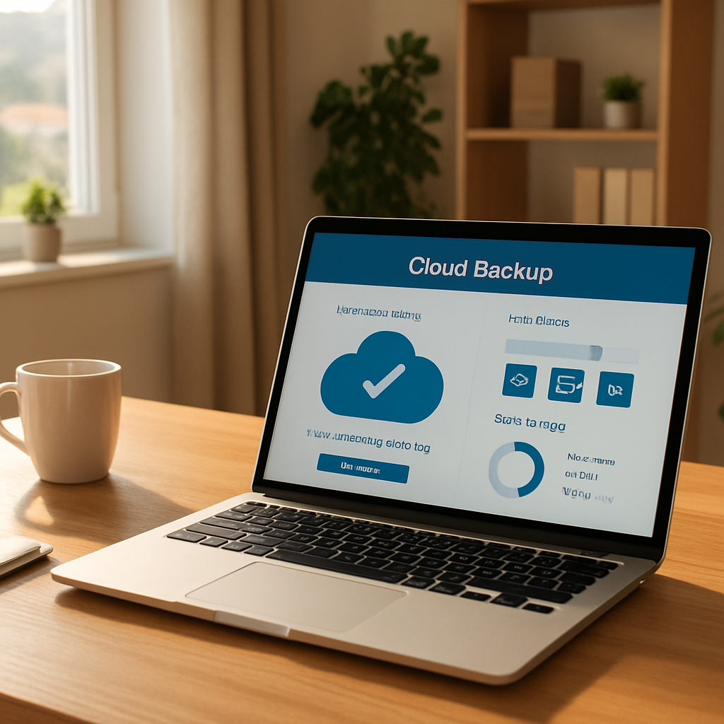 Laptop displaying cloud backup interface, emphasizing disaster recovery solutions for SMBs, with a coffee cup and indoor plant in a home office setting.