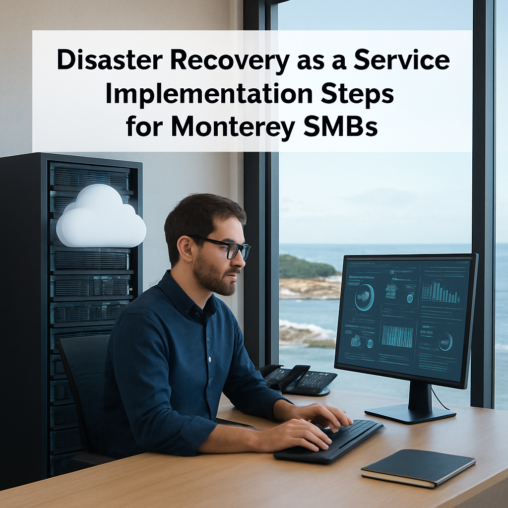 Disaster Recovery as a Service implementation steps for Monterey SMBs, featuring a man working at a desk with a computer displaying data analytics, cloud imagery, and a coastal view.