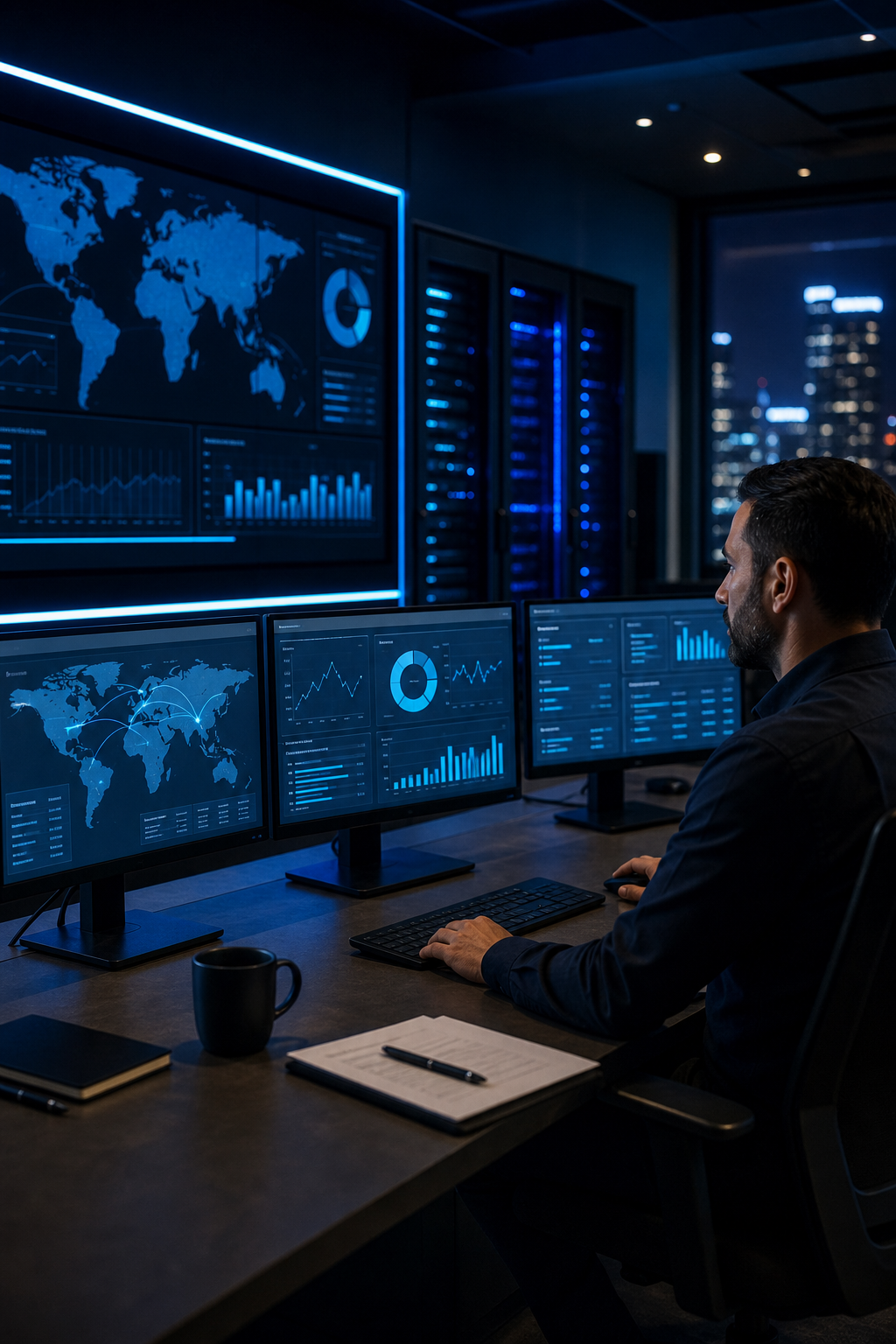 Cinematic wide-angle shot of a modern IT operations center at night, screens glowing with network monitoring dashboards, blue accent lighting on server racks, a technician reviewing data recovery metrics , professional and secure atmosphere. Alt: Advatek managed disaster recovery operations center for SMBs.