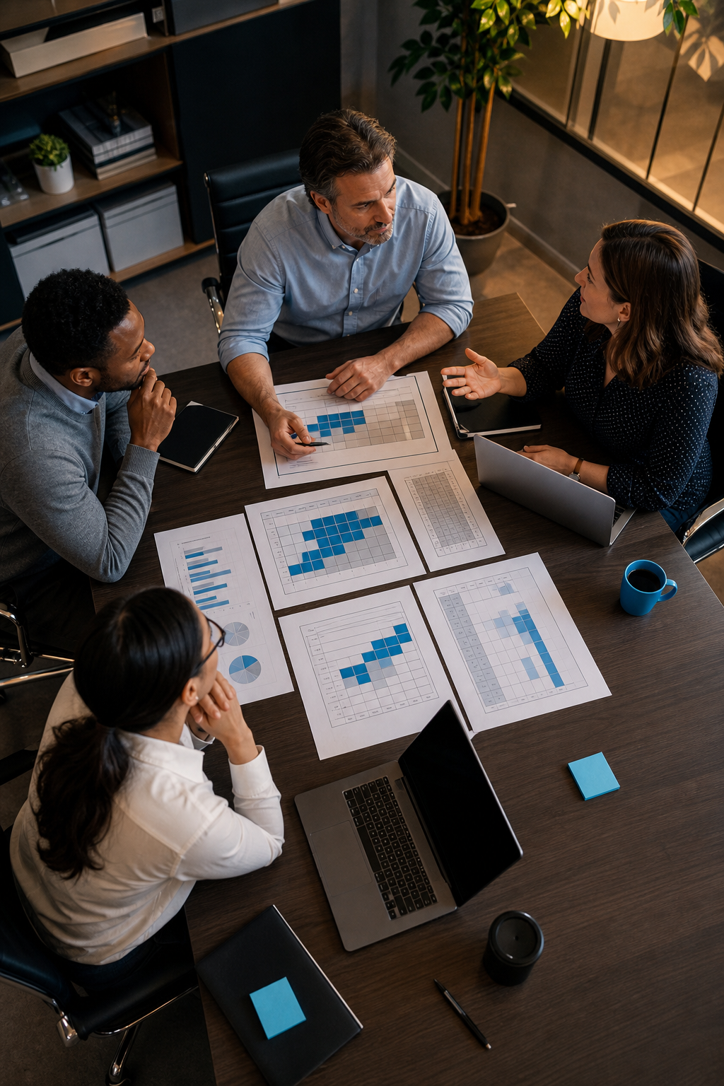 Cinematic overhead shot of a small business team gathered around a conference table covered with printed risk matrices and laptops, warm office lighting, mid-discussion expression on participants, sense of focused planning. Alt: SMB team conducting a business impact analysis for disaster recovery planning.