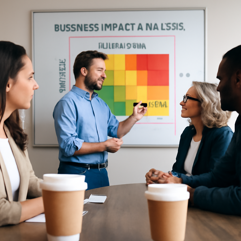 A team reviewing a risk matrix on a whiteboard, with coffee cups in the foreground. Alt: Business Impact Analysis workshop