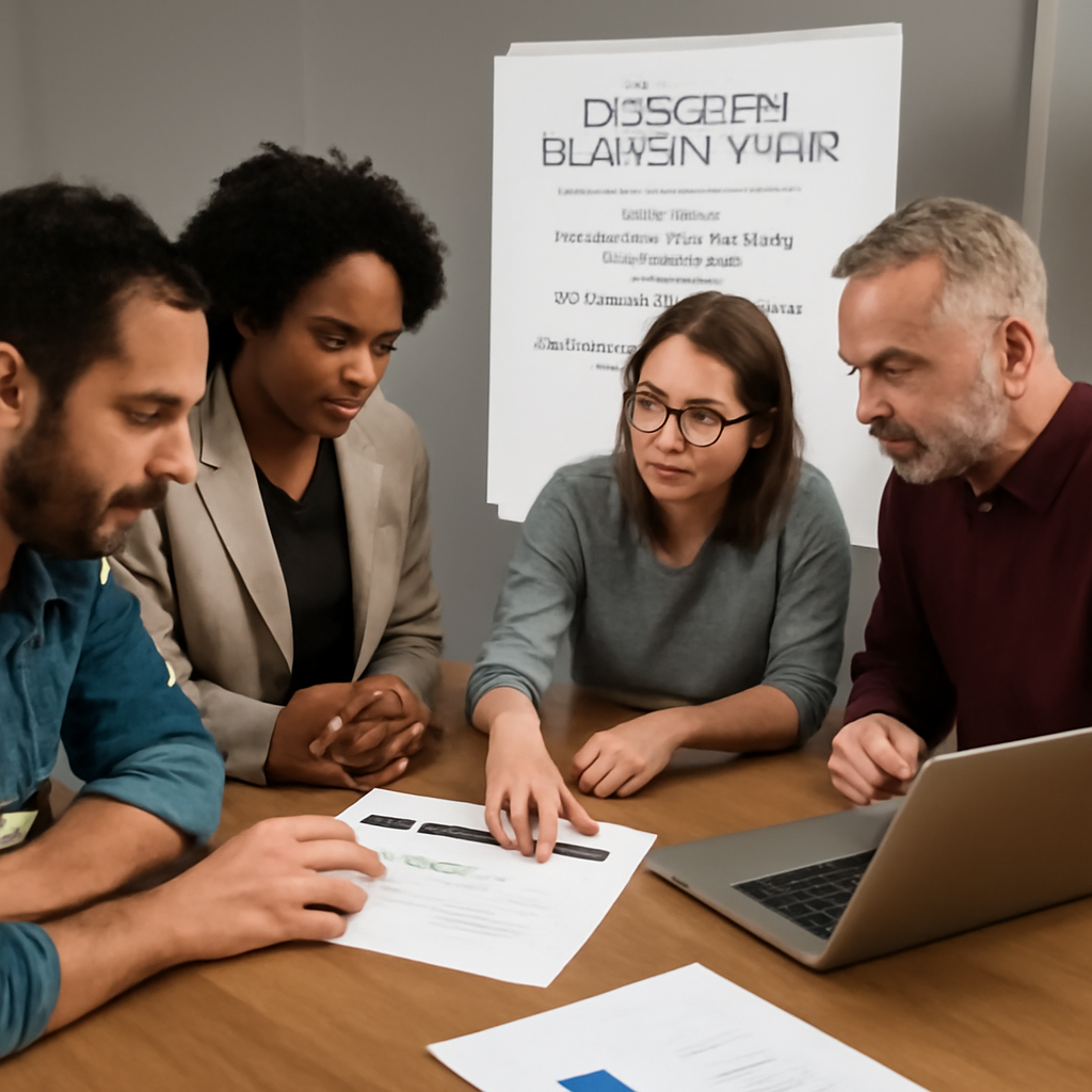 A group of small business owners reviewing a disaster recovery plan on a table with laptops and a whiteboard. Alt: Small business owners reviewing a disaster recovery plan.