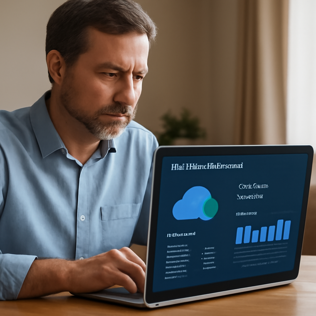 A small business owner at a desk reviewing a cloud dashboard with a coffee mug beside the screen. Alt: Owner checking cloud backup status on laptop