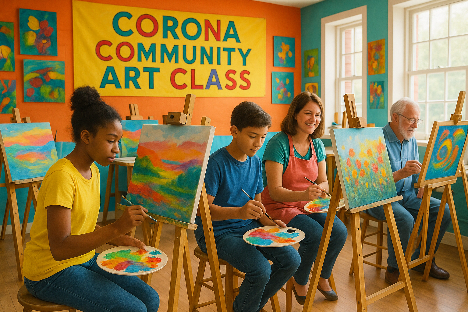 Colorful art classroom with students painting on easels, bright Corona community art class. Alt: vibrant art classes corona community painting session