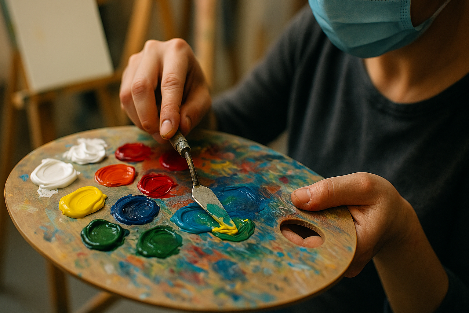 Close-up of hands mixing paint on a palette during a corona art class. Alt: detailed view of paint mixing at art classes corona