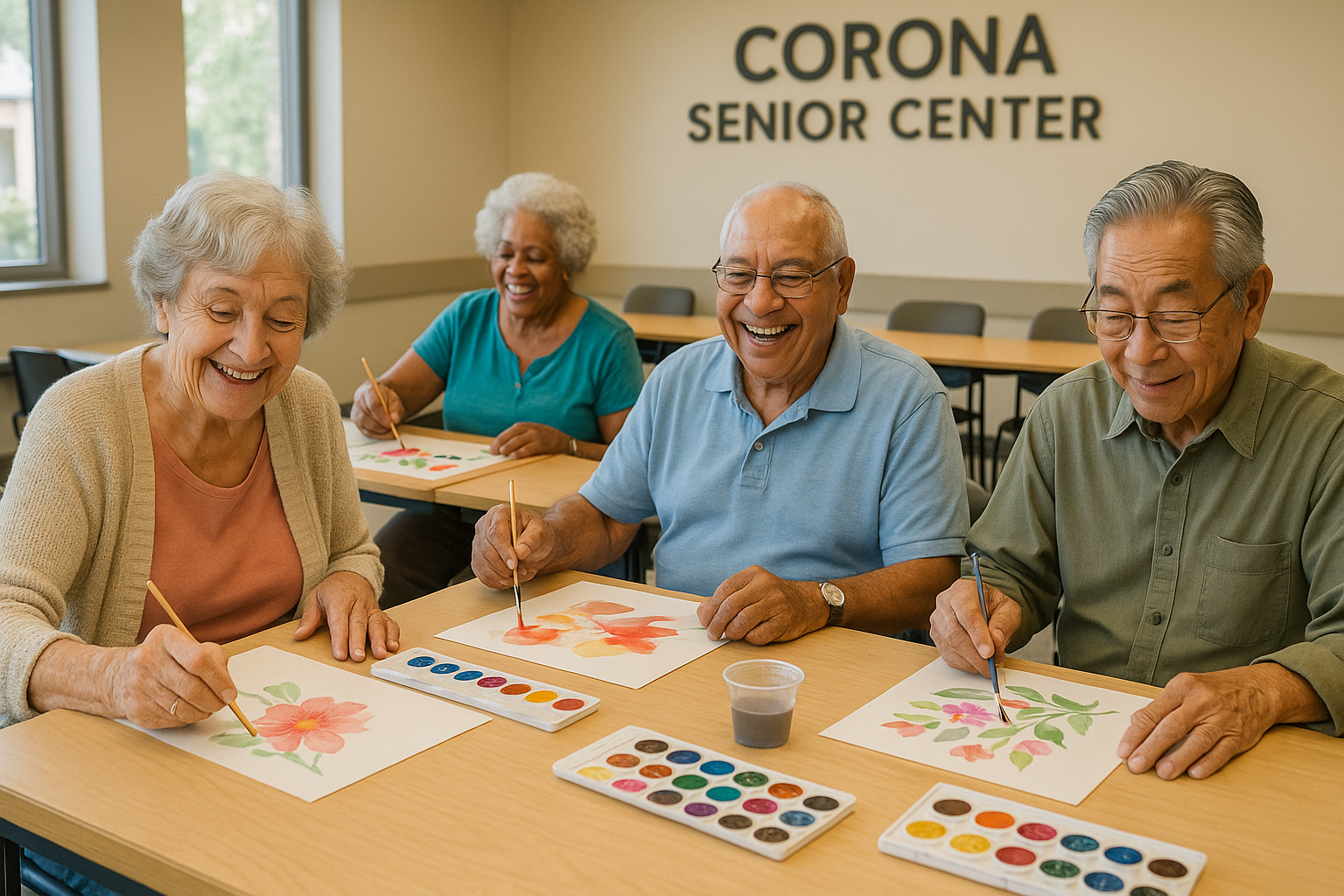 Seniors happily participating in arts and crafts at the Corona Senior Center. Alt: seniors engaged in art classes corona enhancing mental wellness