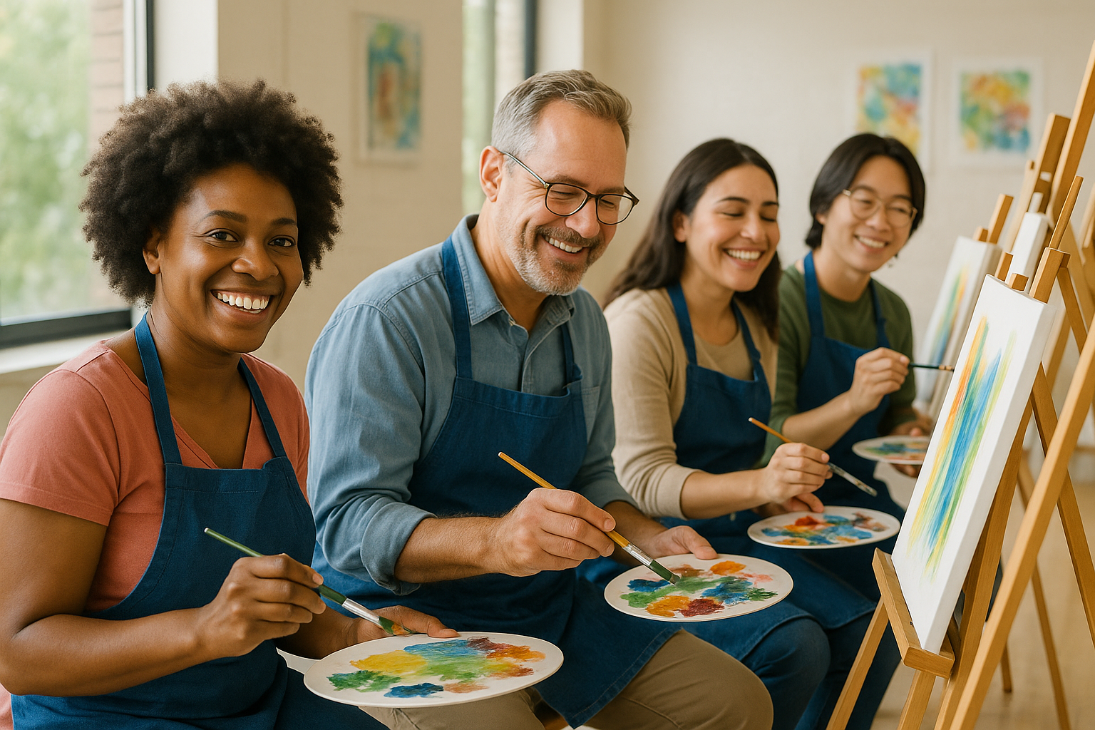 Diverse group happily painting together in a bright Corona art class setting. Alt: inclusive and welcoming art classes corona community environment