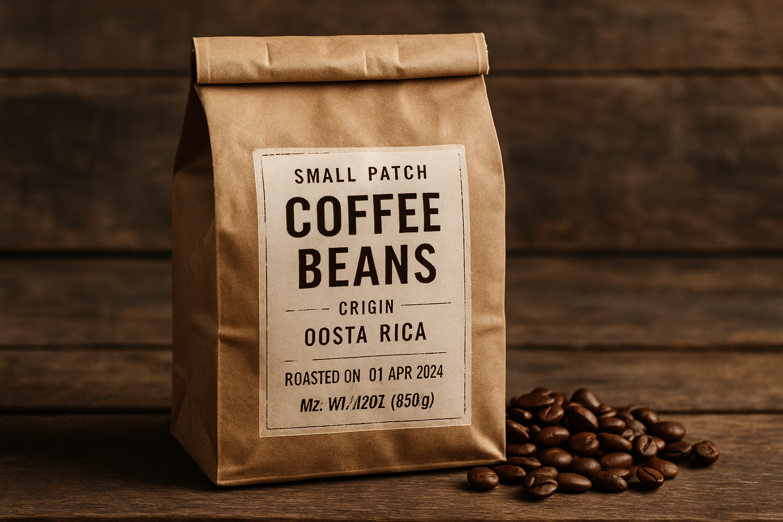 Small batch coffee beans in a rustic pack, labeled with origin detail. Alt: Fresh small batch coffee subscription beans showing roast date and origin for quality assurance.