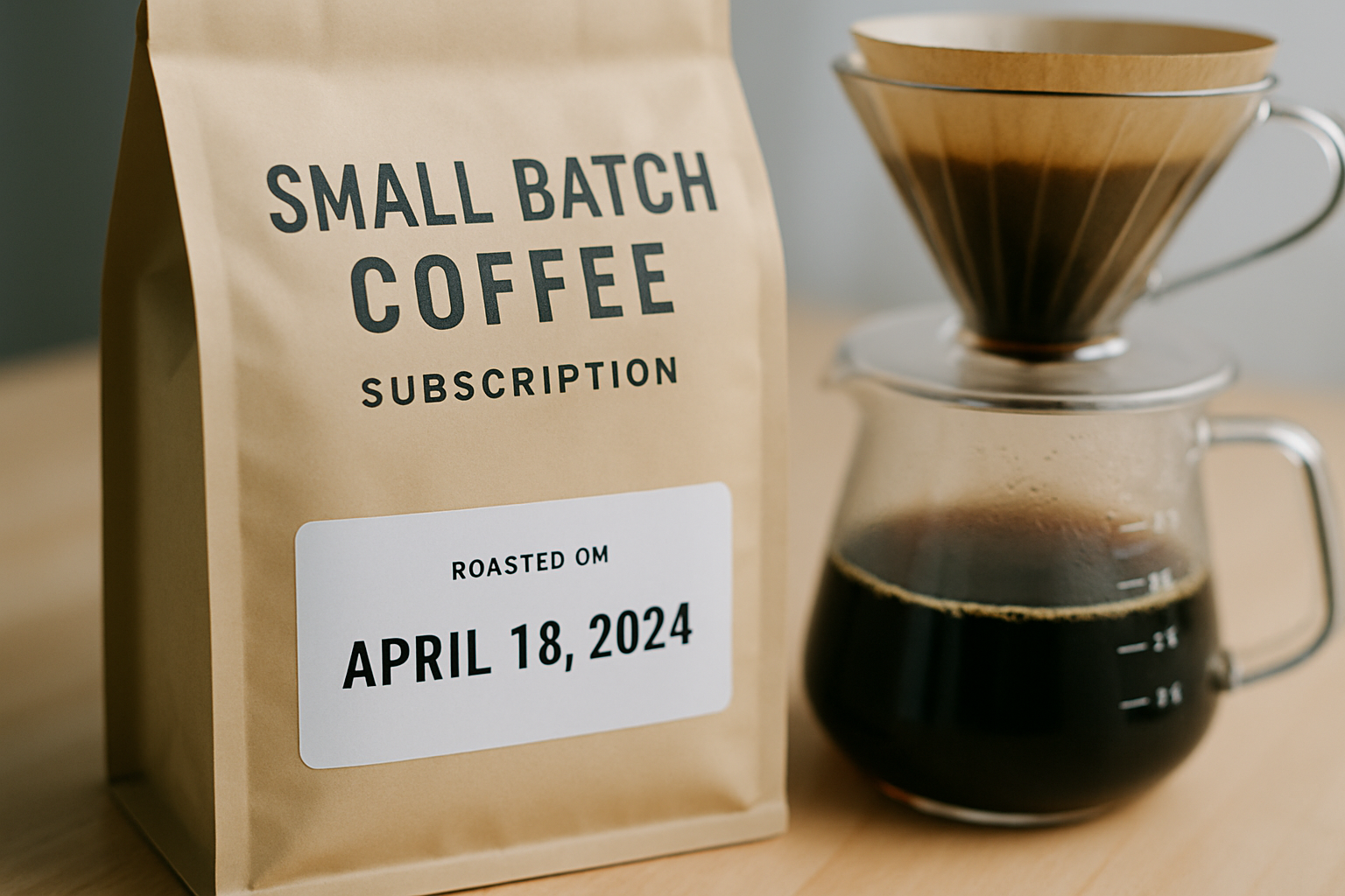 Close up photo of a fresh bag roasting date visible, next to a brewing setup. Alt: Small batch coffee subscription bag with visible roast date, next to brewing equipment highlighting freshness.