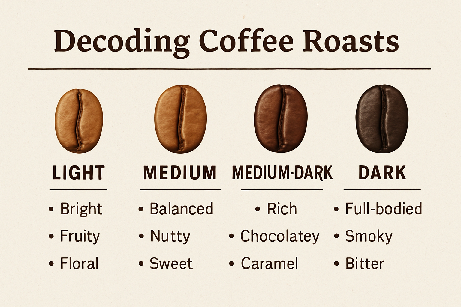 An infographic showing coffee roasting levels and typical flavor notes to help decode bag labels. Alt: Decoding small batch coffee subscription roast levels and flavor profiles infographic.