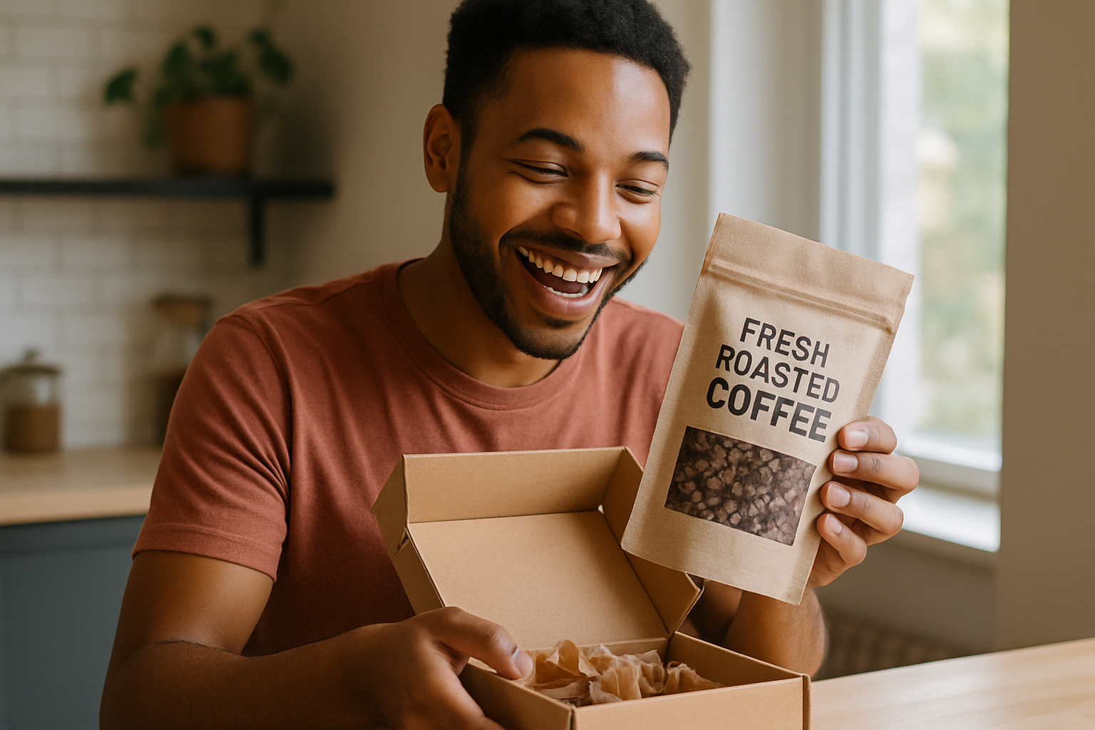 Happy person unboxing their monthly small batch coffee subscription, smiling at fresh roasted coffee. Alt: Excited coffee drinker opening a small batch coffee subscription package with fresh beans inside.