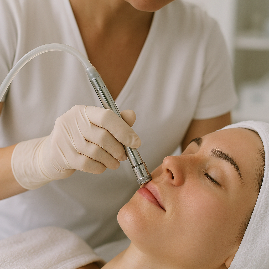 Close-up of a skincare professional performing microdermabrasion on a client’s face in Barrie clinic. Alt: Microdermabrasion treatment at Simcoe Cosmetic Clinic in Barrie for skin rejuvenation.