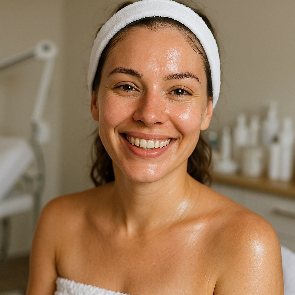 Radiant woman smiling with glowing skin after microdermabrasion treatment in Barrie. Alt: Happy client with refreshed skin after microdermabrasion Barrie session.