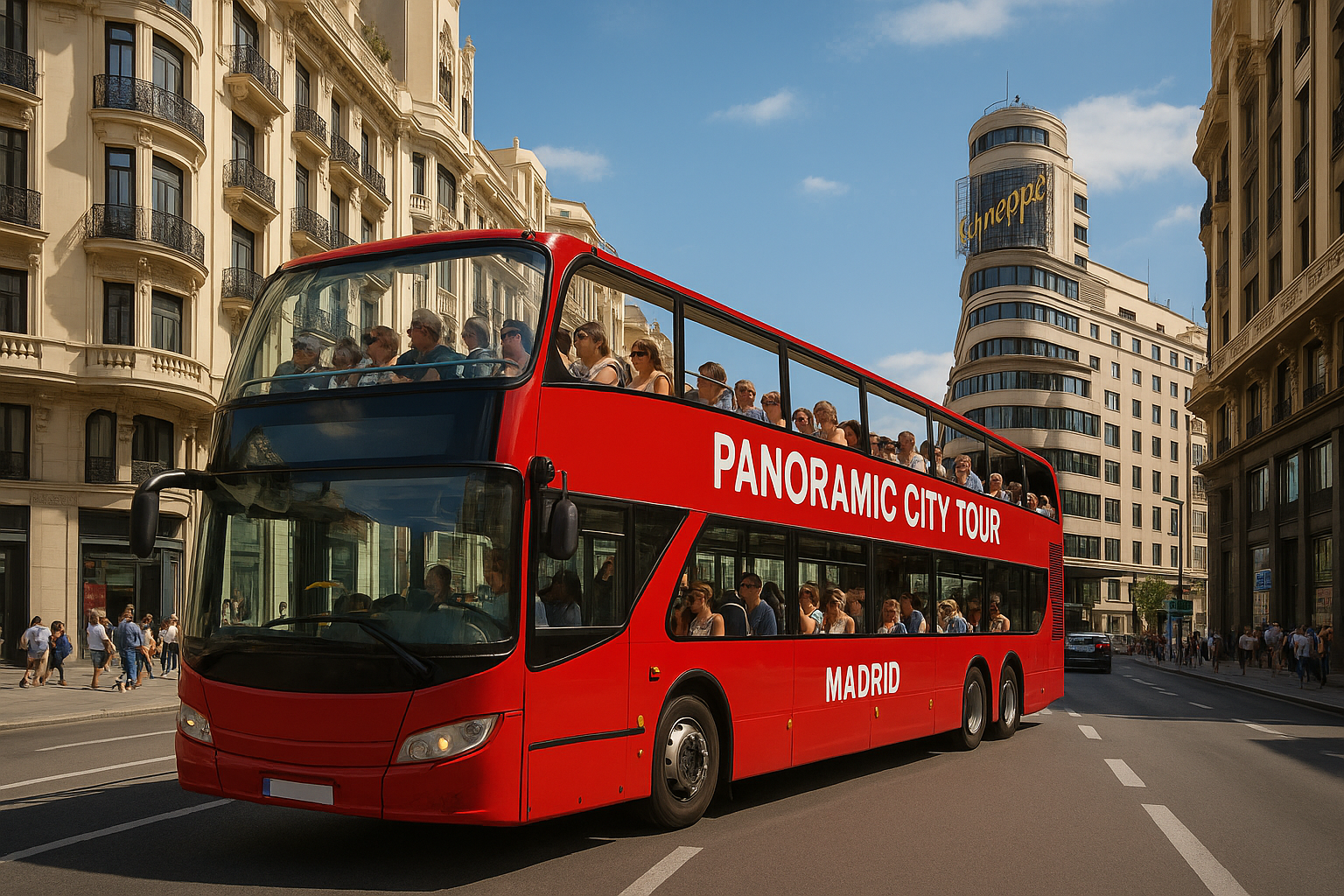 The Panoramic City Bus Tour Madrid A double-decker panoramic city bus cruising along Gran Vía in Madrid. Alt: panoramic city bus tour Madrid on Gran Vía showing tourists on upper deck enjoying views.