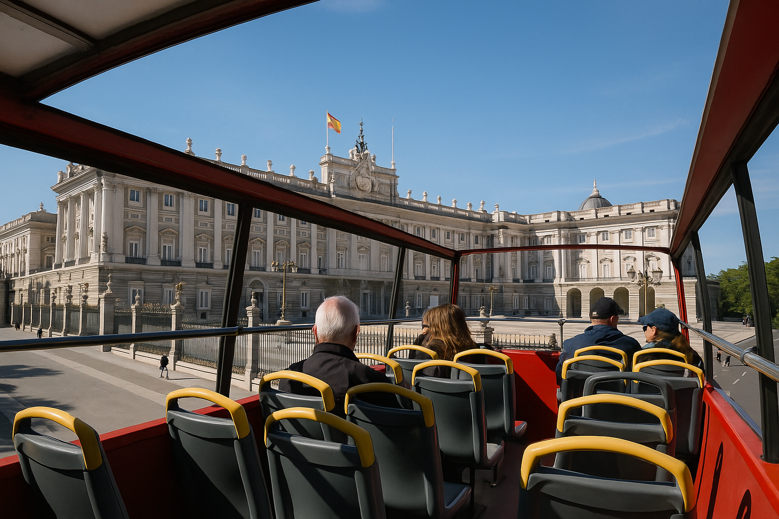 Panoramic City Bus Tour Madrid View of Royal Palace of Madrid from the upper deck of a panoramic city bus. Alt: panoramic city bus tour Madrid with Royal Palace view.