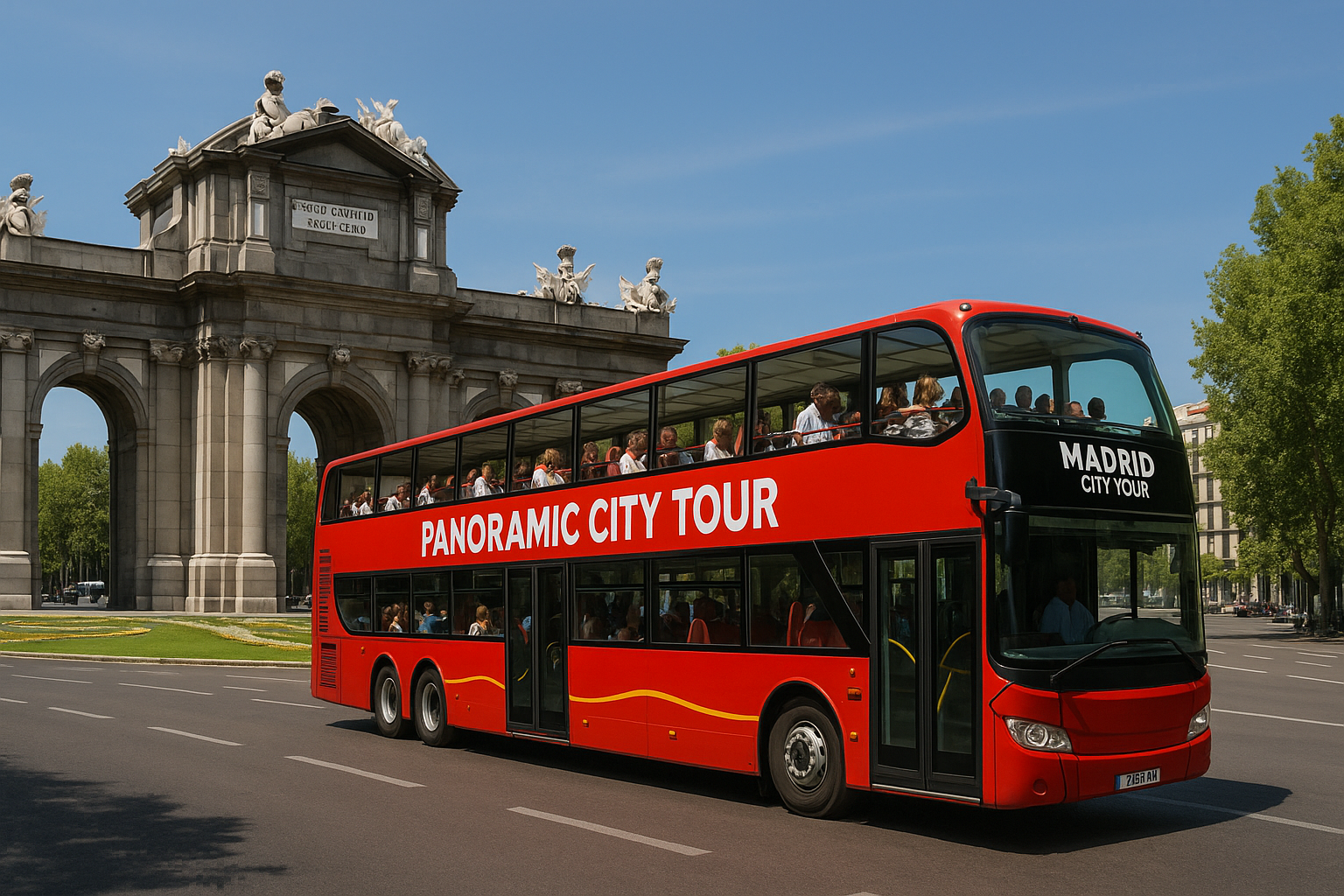 Panoramic City Bus Tour Madrid Panoramic city bus stopping at the Puerta de Alcalá in Madrid. Alt: panoramic city bus tour Madrid Puerta de Alcalá stop.