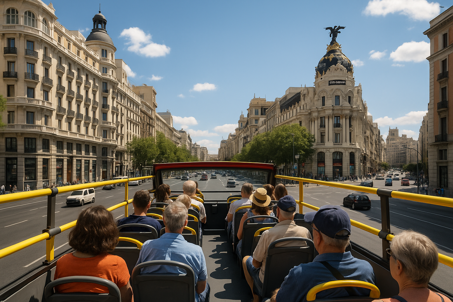 Panoramic City Bus Tour Madrid Tourists enjoying panoramic views from top deck of a Madrid sightseeing bus, vibrant cityscape in background. Alt: panoramic city bus tour Madrid with tourists on open top deck.