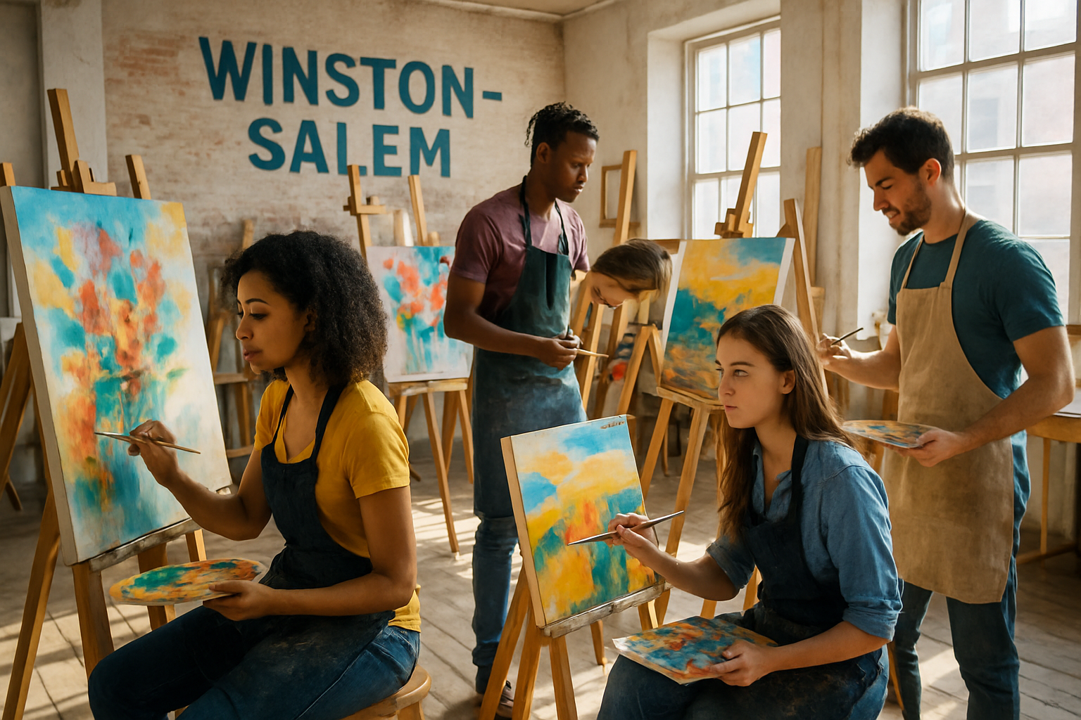 Art students painting in a bright Winston Salem studio. Alt: Art classes Winston Salem vibrant creative group painting workshop.