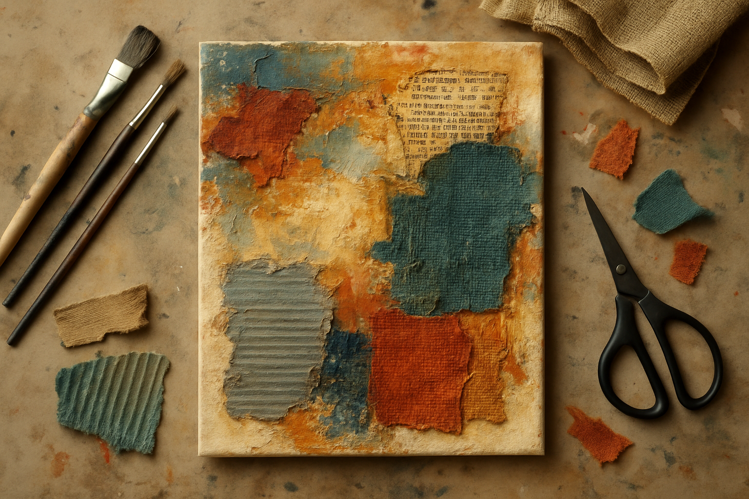 A mixed media artwork in progress with layers of paint, fabric, and collage. Alt: Art classes Winston Salem mixed media creative workshop.