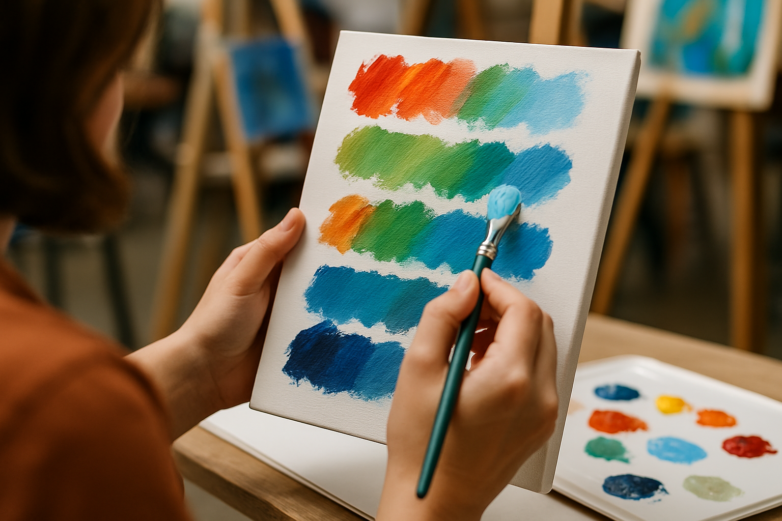 Close-up of a student practicing brush strokes during an acrylic painting class in Winston Salem. Alt: Art classes Winston Salem beginner acrylic painting skills.