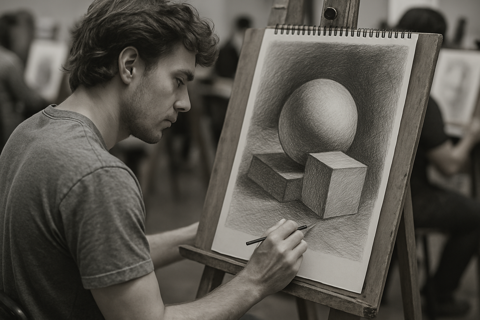 A student practicing detailed shading techniques in a drawing class. Alt: Art classes Winston Salem detailed drawing technique practice.