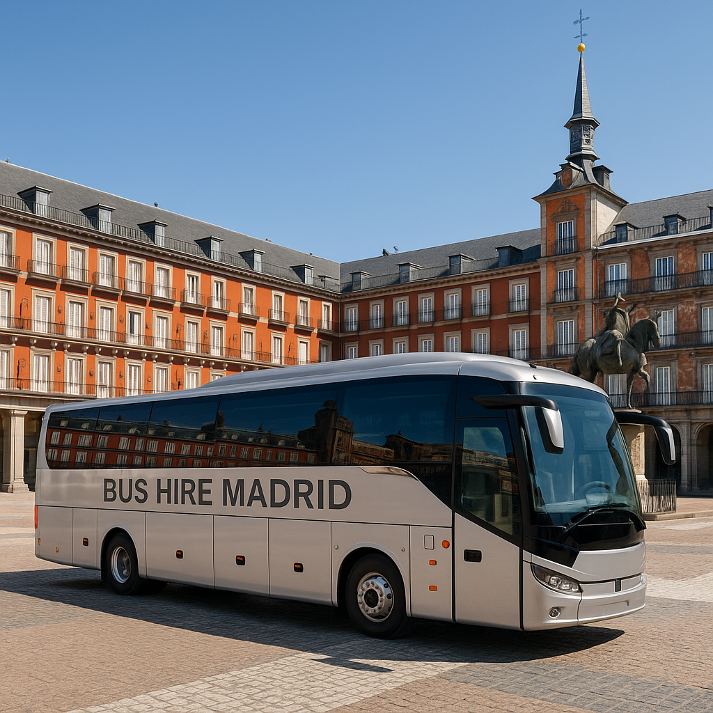 A luxury bus parked beside Madrid’s iconic Plaza Mayor during a clear day. Alt: Bus hire Madrid for sightseeing tours at Plaza Mayor.