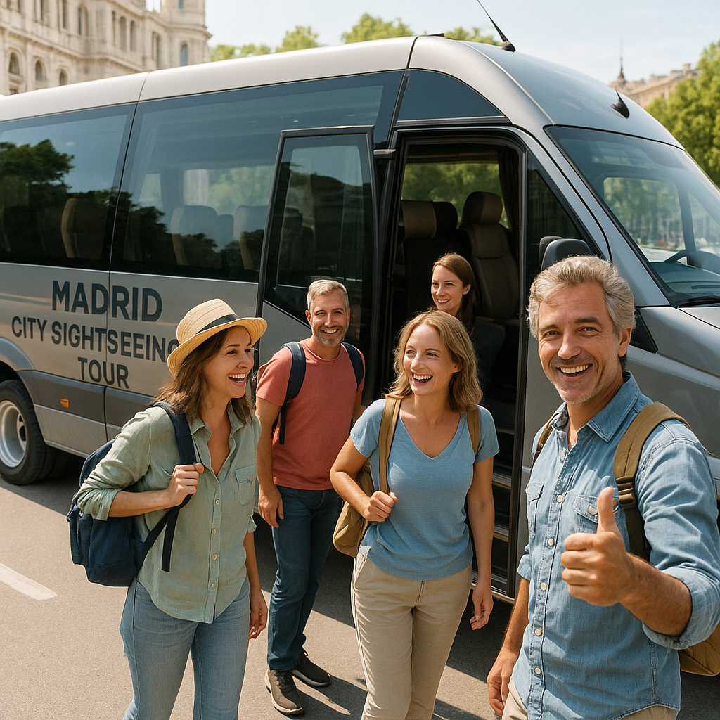 Group of happy tourists boarding a deluxe minibus for a Madrid city sightseeing tour. Alt: Comfortable minibus for sightseeing tours in Madrid.