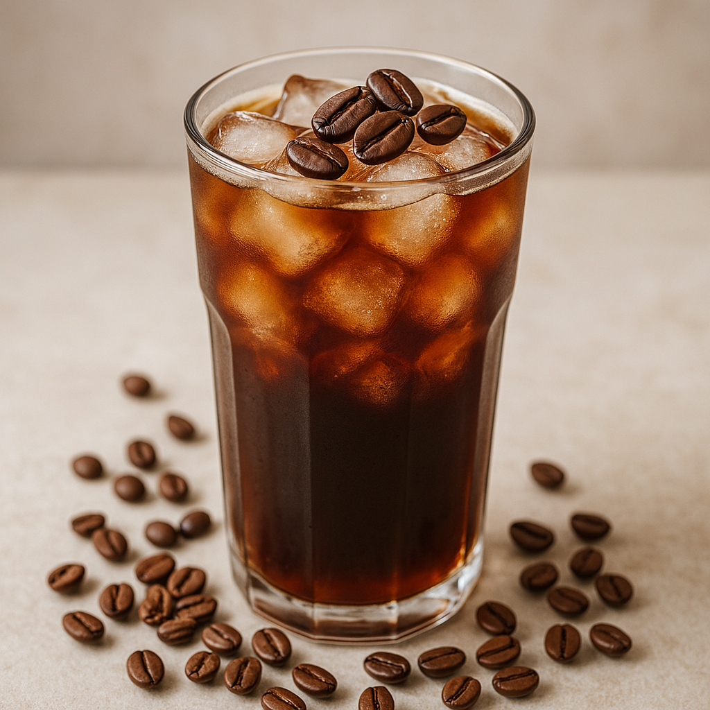 A chilled glass of cold brew coffee with ice, garnished with fresh coffee beans on a table. Alt: best coffee beans for cold brew served cold and refreshing