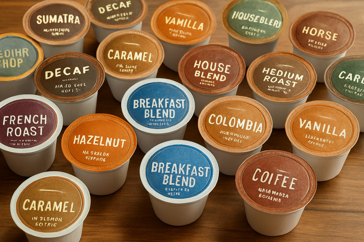 Single-serve coffee pods variety spread on a table, showcasing flavors and roasts. Alt: Best coffee pods variety for single serve brewers.