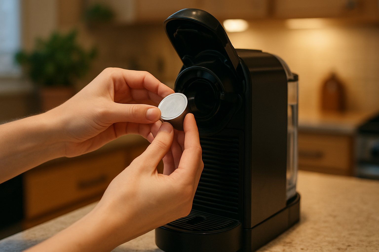Hands placing a coffee pod into a single serve espresso machine with an ambient kitchen background. Alt: Using the best coffee pods with compatible machines for ease of brewing.