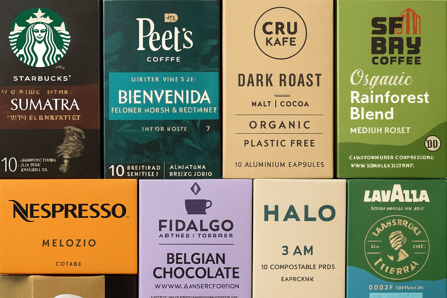 A collage of best coffee pod brand packaging highlighting diversity and sustainability. Alt: Best coffee pods brands with diverse flavors and eco options.