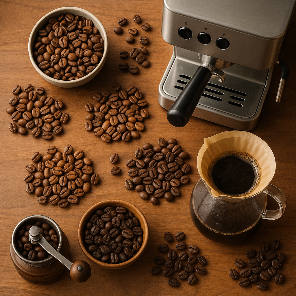 An artistic flat lay of diverse freshly roasted coffee beans and brewing gear including espresso machine and pour-over setup, highlighting the best coffee subscription service's variety. Alt: Diverse fresh coffee bean collection from top coffee subscription service supporting home brewing excellence.