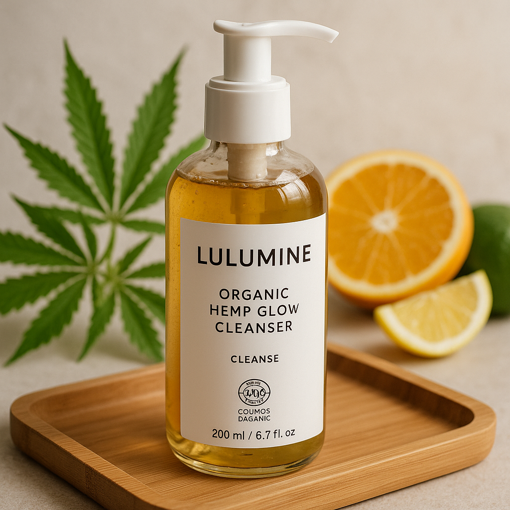 A glass bottle of LULUMINE organic hemp glow cleanser sitting on a bamboo tray with fresh hemp leaves and citrus in the background. Alt: LULUMINE best COSMOS certified organic cleanser displayed eco‑friendly.