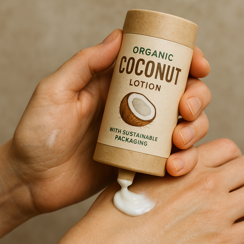 Close-up of hands applying organic coconut lotion with sustainable packaging. Alt: Applying best organic coconut lotion with sustainable packaging to sensitive skin.