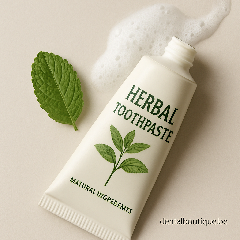 A close‑up of a natural herbal toothpaste tube beside a mint leaf, with a gentle foam splash in the background. Alt: Herbal toothpaste with natural ingredients