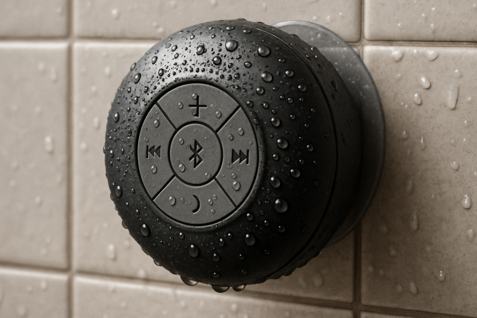 Close-up view of a waterproof Bluetooth shower speaker with water droplets on it, mounted on bathroom tiles. Alt: A waterproof Bluetooth shower speaker attached securely in a shower environment.