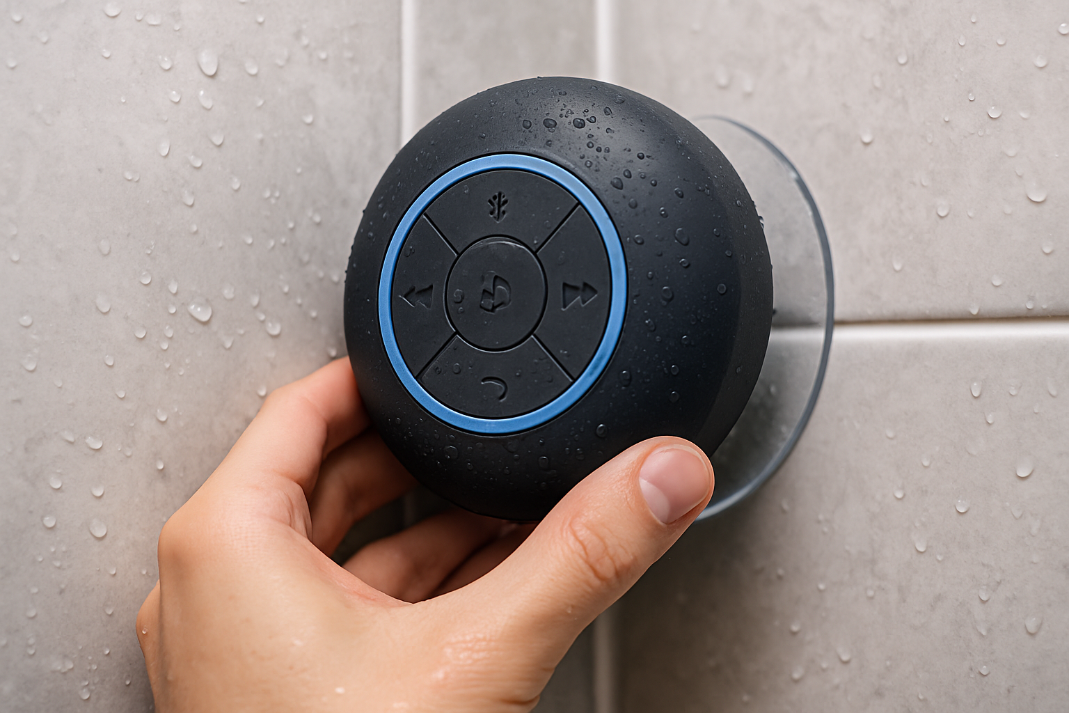 A person attaching a waterproof Bluetooth shower speaker to a shower wall using a suction cup. Alt: Mounting a waterproof Bluetooth shower speaker securely during shower use.