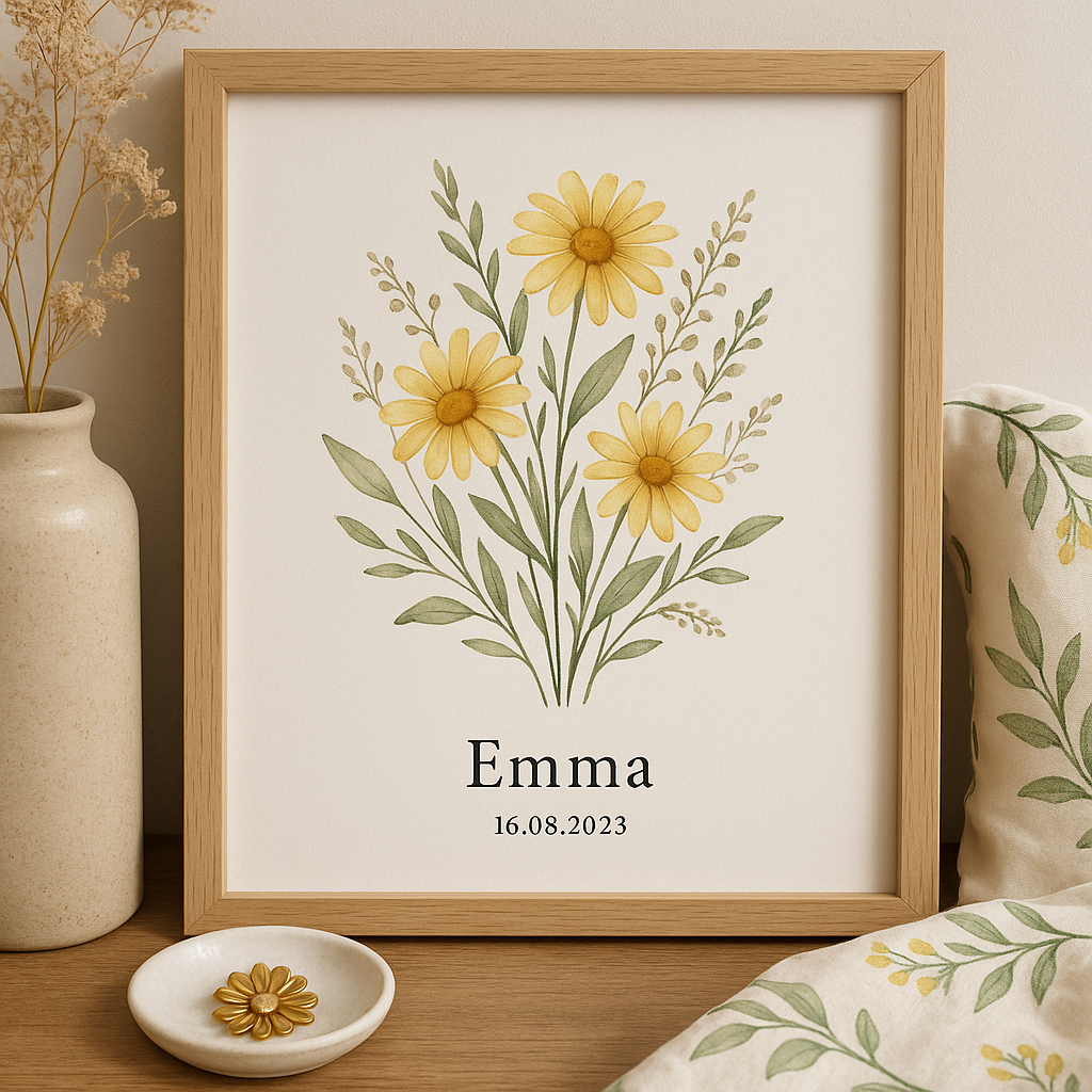 Close-up of a botanical art print paired with matching botanical-themed accessories. Alt: Personalized botanical art print gift with coordinating decor items enhancing its appeal.
