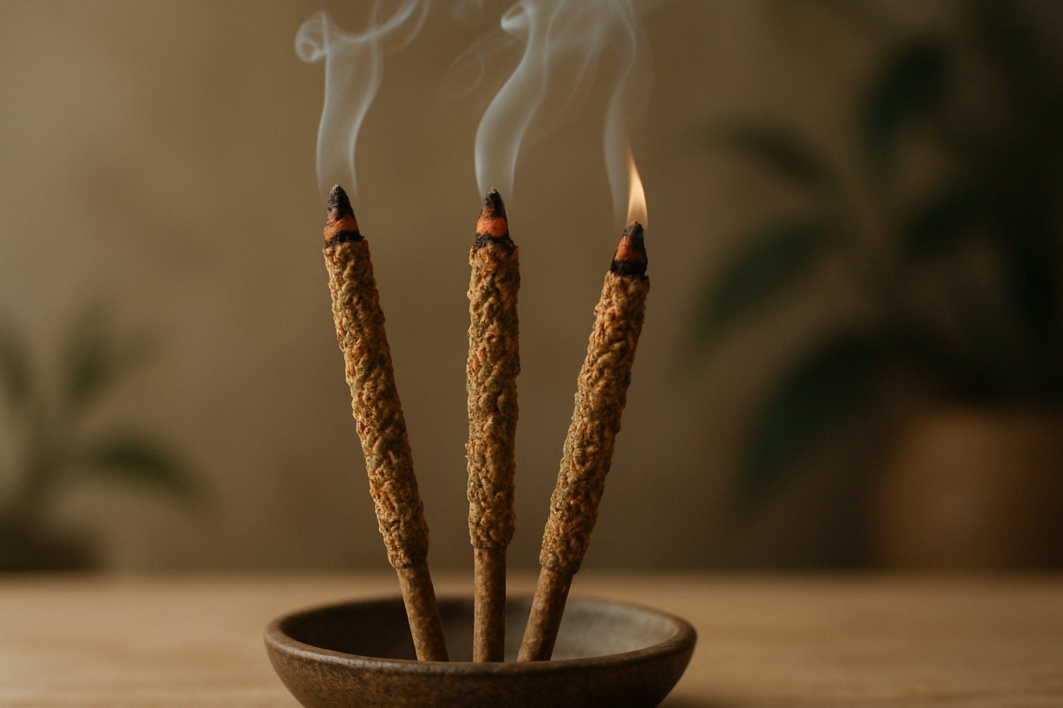 A close-up of artisanal luxury incense sticks with hand-rolled texture and natural ingredients, burning elegantly in a serene setting. Alt: Luxury incense sticks UK hand-rolled with natural botanicals
