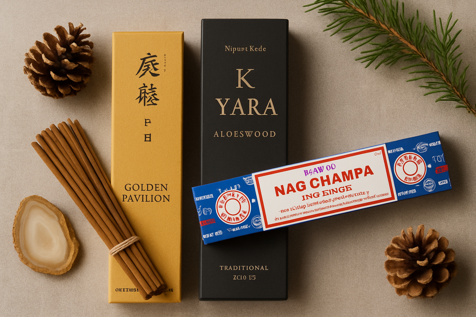 Display of luxury incense sticks from popular Japanese and Indian brands elegantly arranged with natural embellishments. Alt: Premium luxury incense sticks UK collection from traditional makers