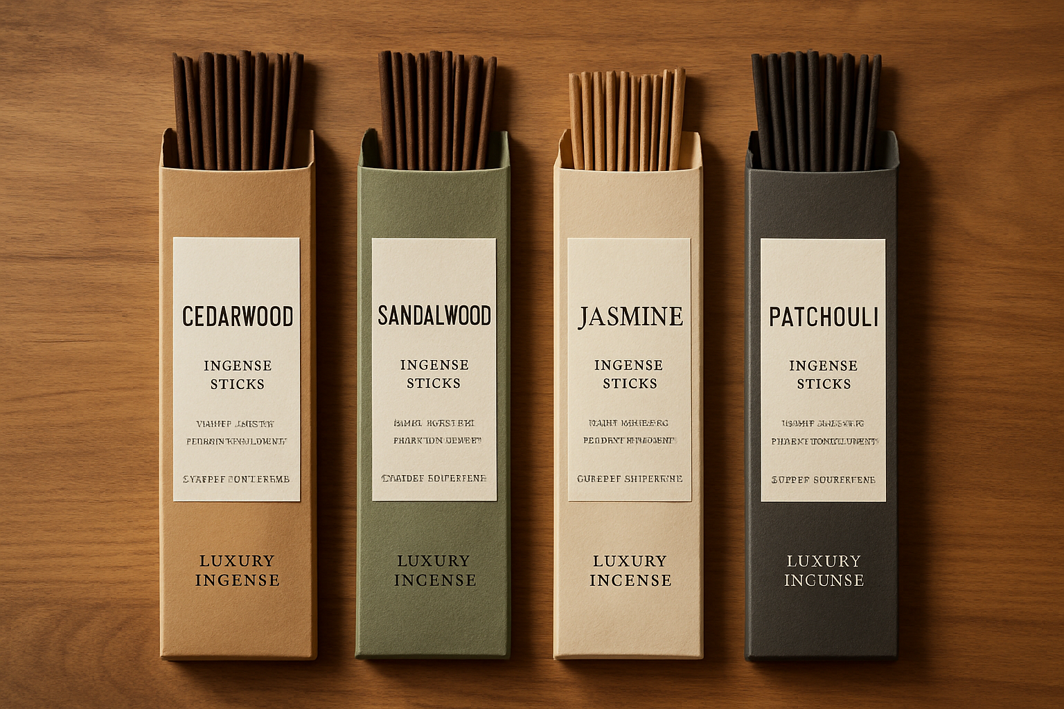 A series of luxury incense boxes on a wooden surface, including natural labels and elegant packaging. Alt: Luxury incense sticks UK packaged for gifting and wellness
