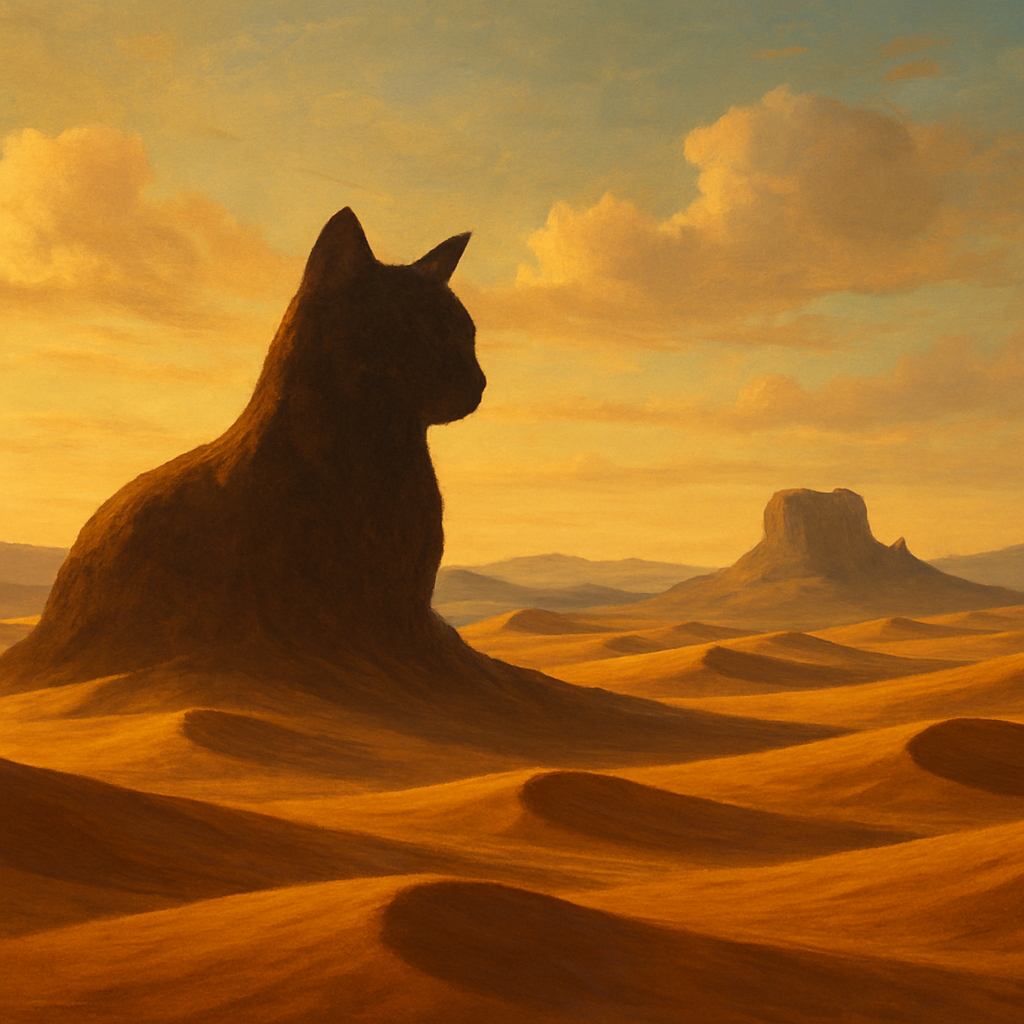 Un sereno paisaje desértico con una silueta de montaña con forma de gato en primer plano, y una suave luz dorada bañando las dunas. Alt: Ilustración de lámina artística "Guardián del Desierto".