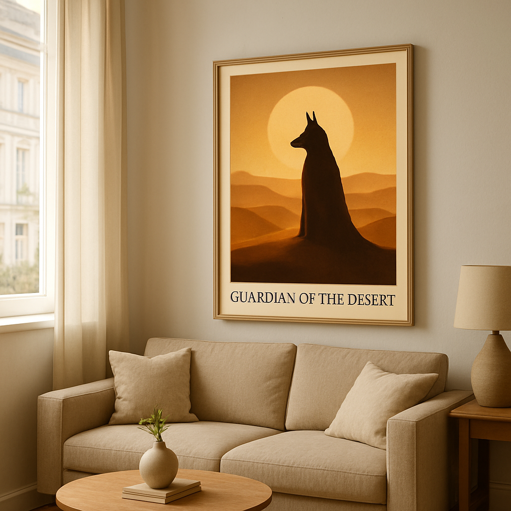 Una sala de estar serena con una lámina de "Guardián del Desierto" enmarcada en un marco minimalista de madera, con una suave luz natural que resalta la silueta del desierto. Alt: Lámina de "Guardián del Desierto" en la pared de una sala de estar.